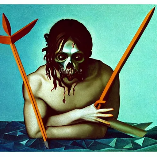 Image similar to low poly painting by caravaggio of a drowned zombie holding a trident with glowing cyan eyes, wearing ragged clothing, holding a trident, underwater, pastel green and blue color palette