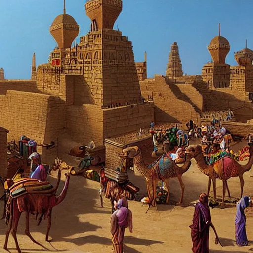 Prompt: a busy bazaar in ancient babylon on a sunny day, camels, merchants, high detail, painting by ted nasmith and larry elmore