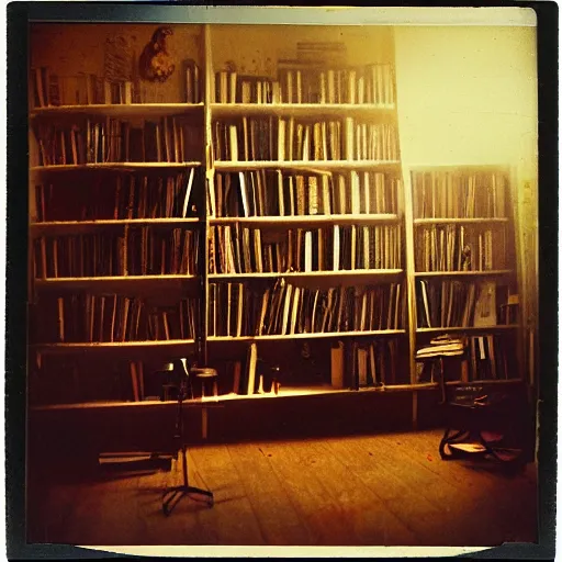 Image similar to 1880, inside a writer room, many books, piles of books, beautiful light, long shadows, 50 mm lens, polaroid photo, yellowed, crackles, scratches, dust, stains