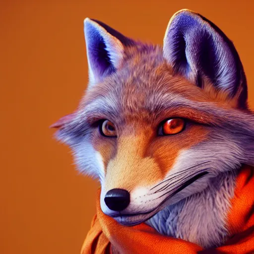 Prompt: a highly detailed portrait of a humanoid light brown fox, with a white muzzle, bright orange eyes, in a purple cloak, artstation, DeviantArt, professional, octane render