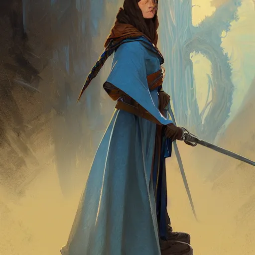 Image similar to a female wizard with brown hair wearing a blue hood, fantasy, highly detailed, digital painting, artstation, concept art, character art, art by greg rutkowski and tyler jacobson and alphonse mucha
