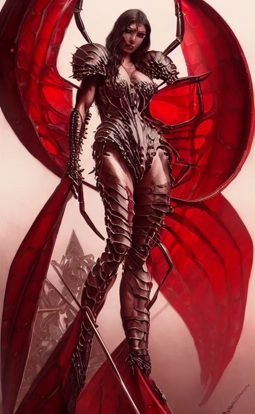 Image similar to Gothic crustacean muscular bodybuilder warrior queen in red and white chitin armor, fantasy, highly detailed, digital painting, artstation, concept art, smooth, sharp focus, illustration, art by artgerm and greg rutkowski and alphonse mucha