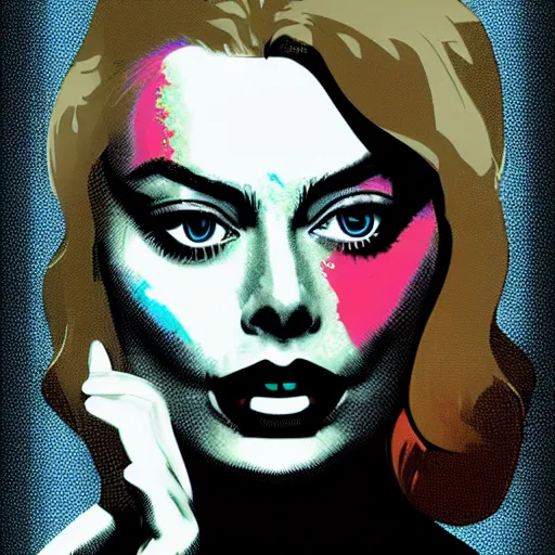 Image similar to margot robbie in a smokie room, digital art, in the style of Butcher Billy, artstation