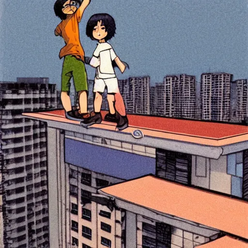 Prompt: art of two singapore students on the roof of a hdb flat, by satoshi kon