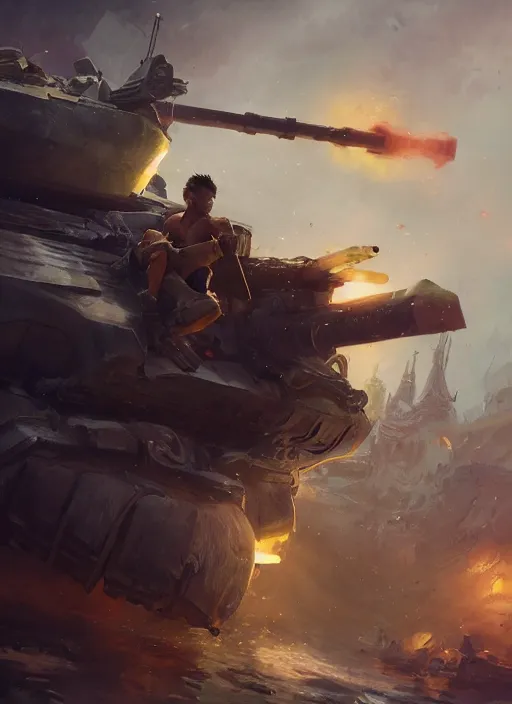 Image similar to side profile of a filipino man sitting on a tank holding a scepter eating popcorn, fantasy, digital painting, volumetric light, intricate, sharp, focus, bloom, illustration, highly detailed, concept art, matte, ruan jia, randy vargas, greg rutkowski