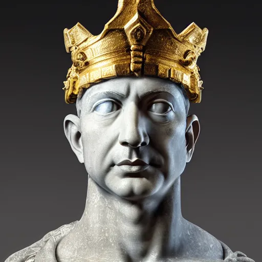 Prompt: portrait of jeff bezos in the form of a giant greek statue in marble, with a gold crown, baroque elements in the background, museum. intricate artwork by michelangelo. photorealistic. ultra detailed. flash. octane render. cinematic. 4 k bokeh.