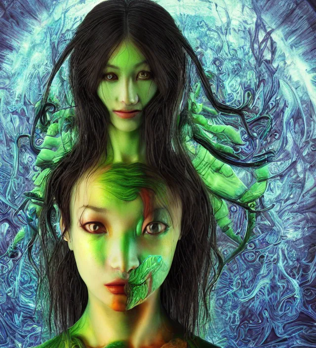 Prompt: taoist photo vibrant color 3 d rendering of a beautiful girl epic photorealistic portrait in ito junji frank miller alex ross escher giger biopunk demonology style detailed trending award winning