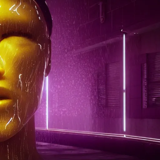 Image similar to a human sculpted out of rain, neon, rendered in octane, unreal engine, highly detailed, realistic, beautiful, emotional