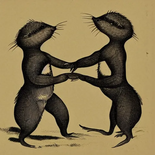 Image similar to 1800s field-journal style line art of two muskrats slow-dancing, very detailed