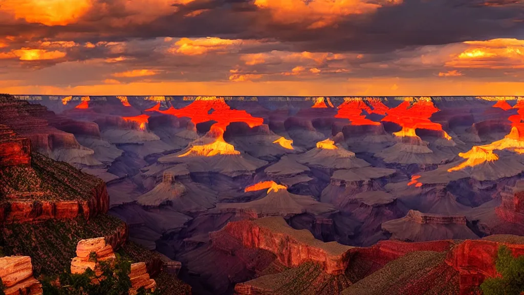 Image similar to amazing landscape photo of a grand canyon in sunset by marc adamus, beautiful dramatic lighting