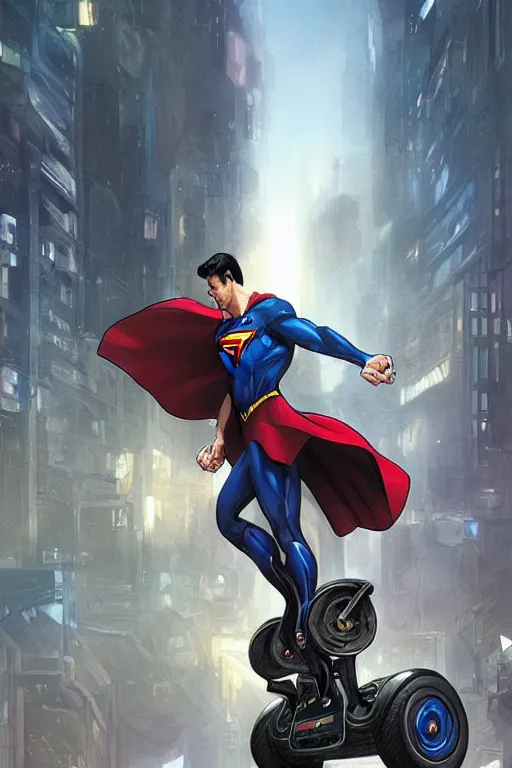 Prompt: superman riding a Segway, cyberpunk, intricate, elegant, highly detailed, digital painting, artstation, concept art, smooth, sharp focus, illustration, art by artgerm and greg rutkowski and alphonse mucha