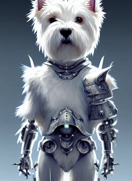 Image similar to a west highland white terrier, anime art style, wearing futuristic, led - lit armor, and a cannon mounted on his back, portrait, high detail, sharp focus, digital painting, artstation, concept art, art by hayao miyazaki and artgerm and greg rutkowski and alphonse mucha.