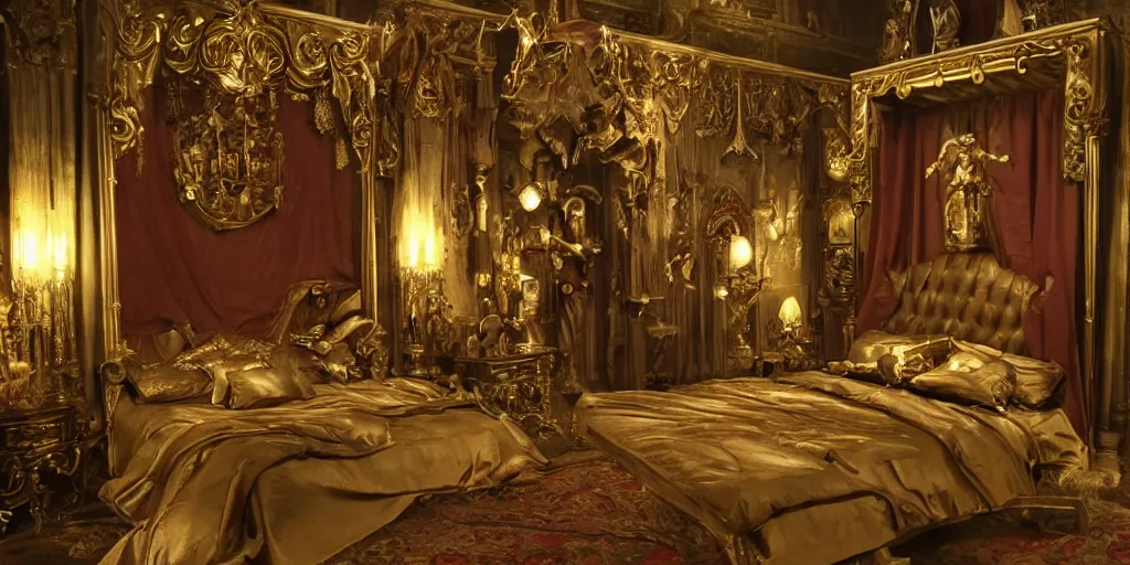 Prompt: monster society priest big bedroom, lavish and over decorated with christian symbols, little bit of gold