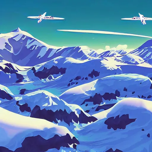 Prompt: snowy mountain, bright sky, small town, planes flying above, sky view, highly detailed digital art, bright colour, full of live