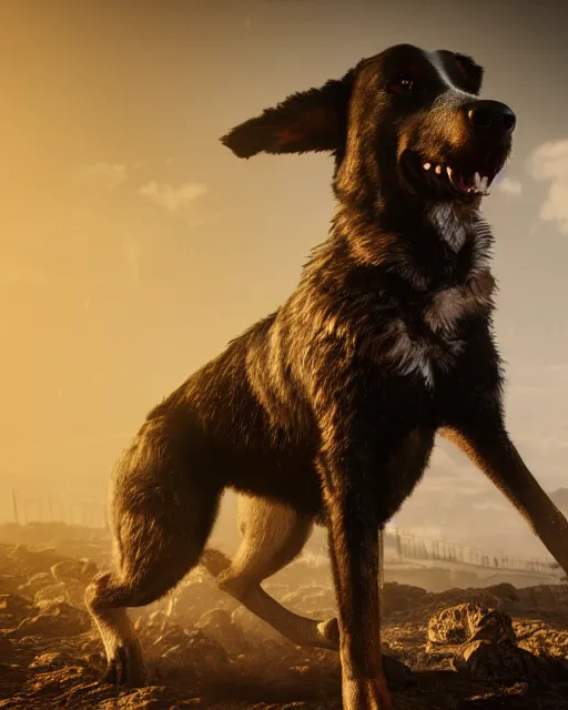 Image similar to working dog, hyper realism, cinematic, volumetric lighting, dramatic ambient lighting, epic composition, high detail, octane render, unreal engine, 8 k, professional photo, photorealistic, intricate complexity, extremely detailed,