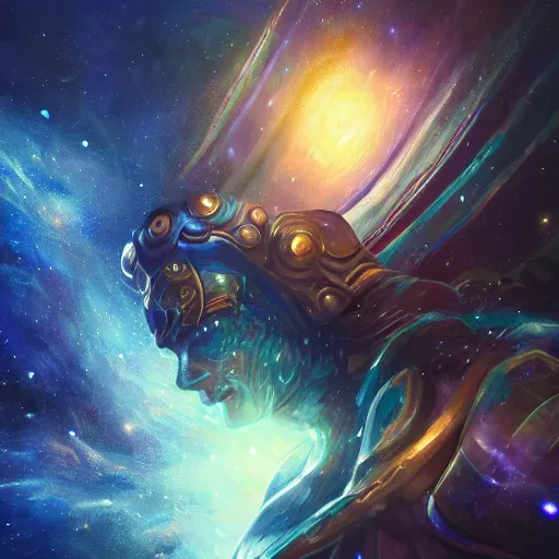 Image similar to photorealistic fantasy cosmic concept art of a cosmic god with armor made out of planets and dark matter, hovering in a unknown galaxy, fully body portrait, cinematic, dynamic lighting, ultra detailed, creative, trending on art station, creative