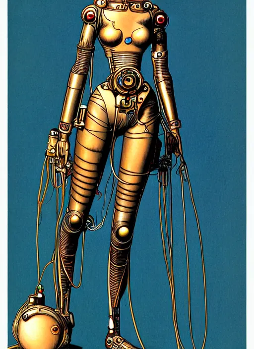 Prompt: image of beautyful female android steampunk by jean giraud,