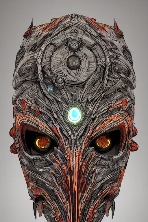 Image similar to tribal vodoo mask eye radiating a glowing aura global illumination ray tracing hdr fanart arstation by ian pesty and katarzyna da „ bek - chmiel that looks like it is from borderlands and by feng zhu and loish and laurie greasley, victo ngai, andreas rocha, john harris wooly hair cut feather stone