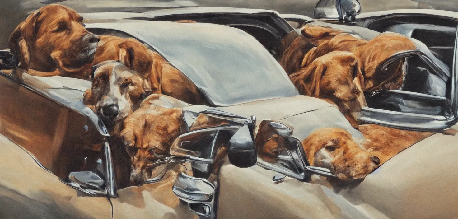 Image similar to highly detailed photorealistic painting of a car giving a dog a hug, mid century art, values as flat shapes, minimal shading