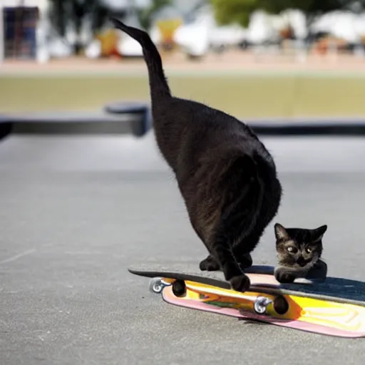 Image similar to a skateboarding cat performing a trick at the skatepark