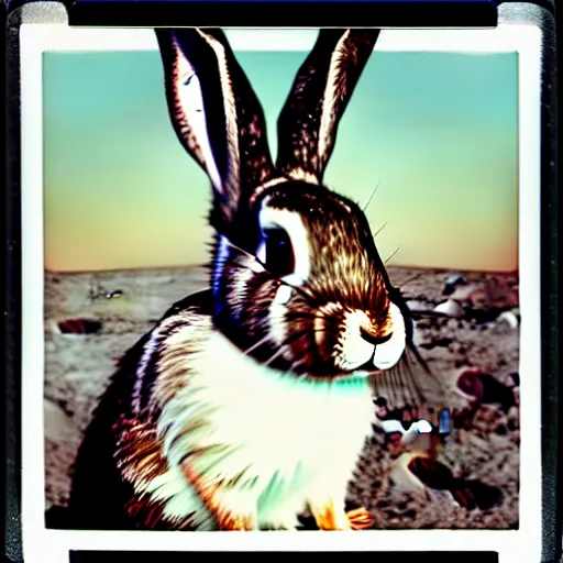Image similar to wide shot, Polaroid photo of a bunny on the moon, high contrast, 8k, realistic, rich colors