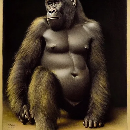 Image similar to highley detailed potrait of a gorilla, painting by gaston bussiere, craig mullins, j. c. leyendecker, lights, art by ernst haeckel, john william godward, hammershøi,