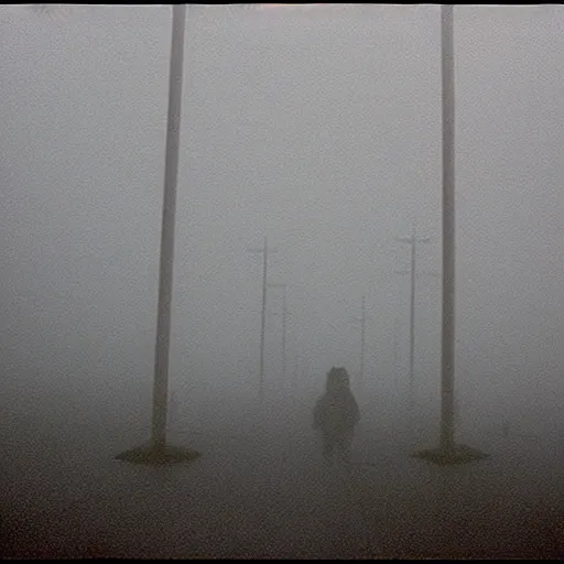 Image similar to a horrific creature in the fog, 3 5 mm, film shot, cctv footage