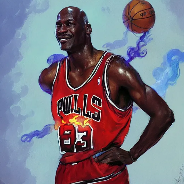 Image similar to michael jordan as a firebender, portrait, elegant, intricate, digital painting, artstation, concept art, smooth, sharp focus, illustration, art by konstantin korovin and daniel f. gerhartz and john howe