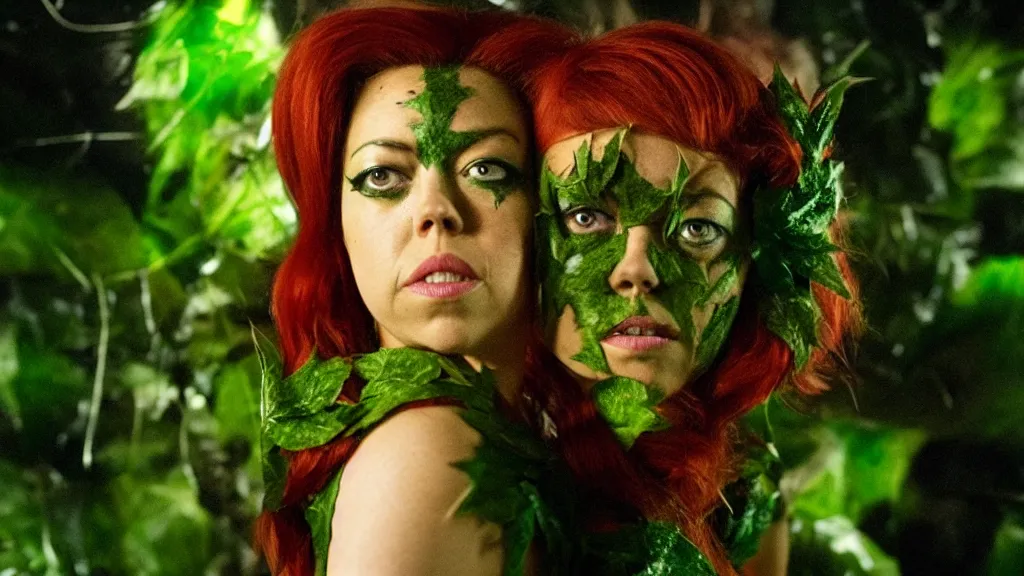 Image similar to Aubrey Plaza as Poison Ivy in The Dark Knight, green skin film still from the movie directed by Denis Villeneuve with art direction by Salvador Dalí, wide lens