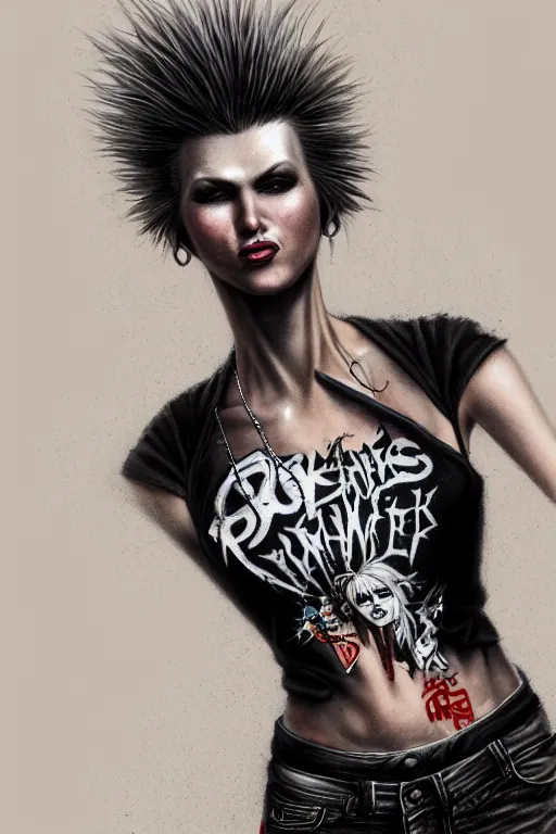 Prompt: fullbody potrait of punk rocker woman in street, woman is wearing t - shirt, hyper realistic, intricate, elegant, highly detailed, digital painting, artstation, concept art, matte, sharp focus art by boris vallejo and greg rutkowski, smooth, sharp focus, illustration