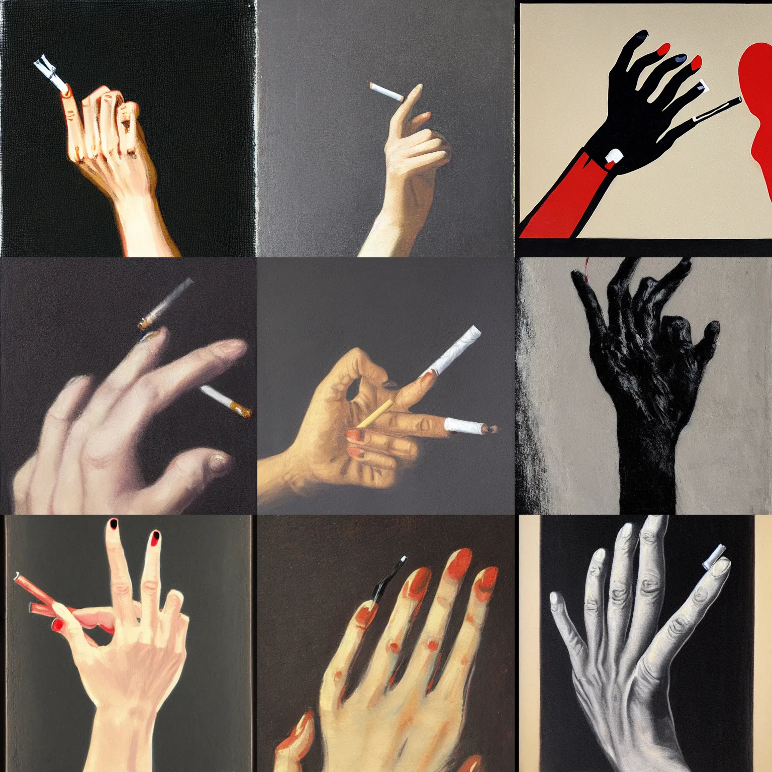 Image similar to structure of one lady's hand with cigarette on black background. Five thumbs. Painting 1882