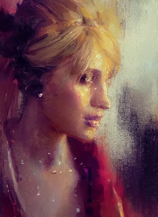 Image similar to painting of a gorgeous woman with golden hair in two buns wearing a poncho, blowing a kiss towards the viewer, by Jeremy Mann, stylized, detailed, realistic, loose brush strokes, intricate, intimate, aummer vibes, bold colors