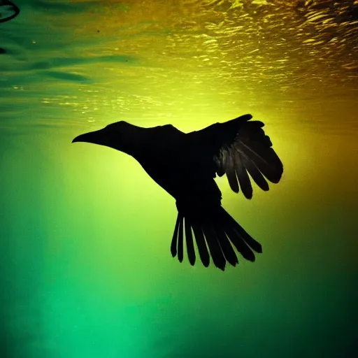 Prompt: crow underwater, glow, horror, creepy