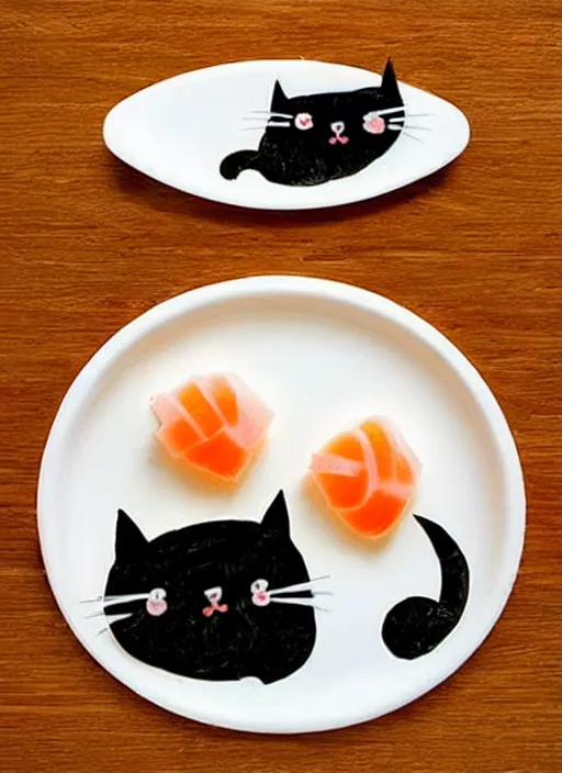 Image similar to clear surrealist painting of adorable cats made from sushi rice, sitting on sushi plates with garnish