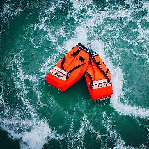 Prompt: sinking ship, lifeboats, life jackets, dark water, waves, EOS-1D, f/1.4, ISO 200, 1/160s, 8K, RAW, unedited, symmetrical balance, in-frame