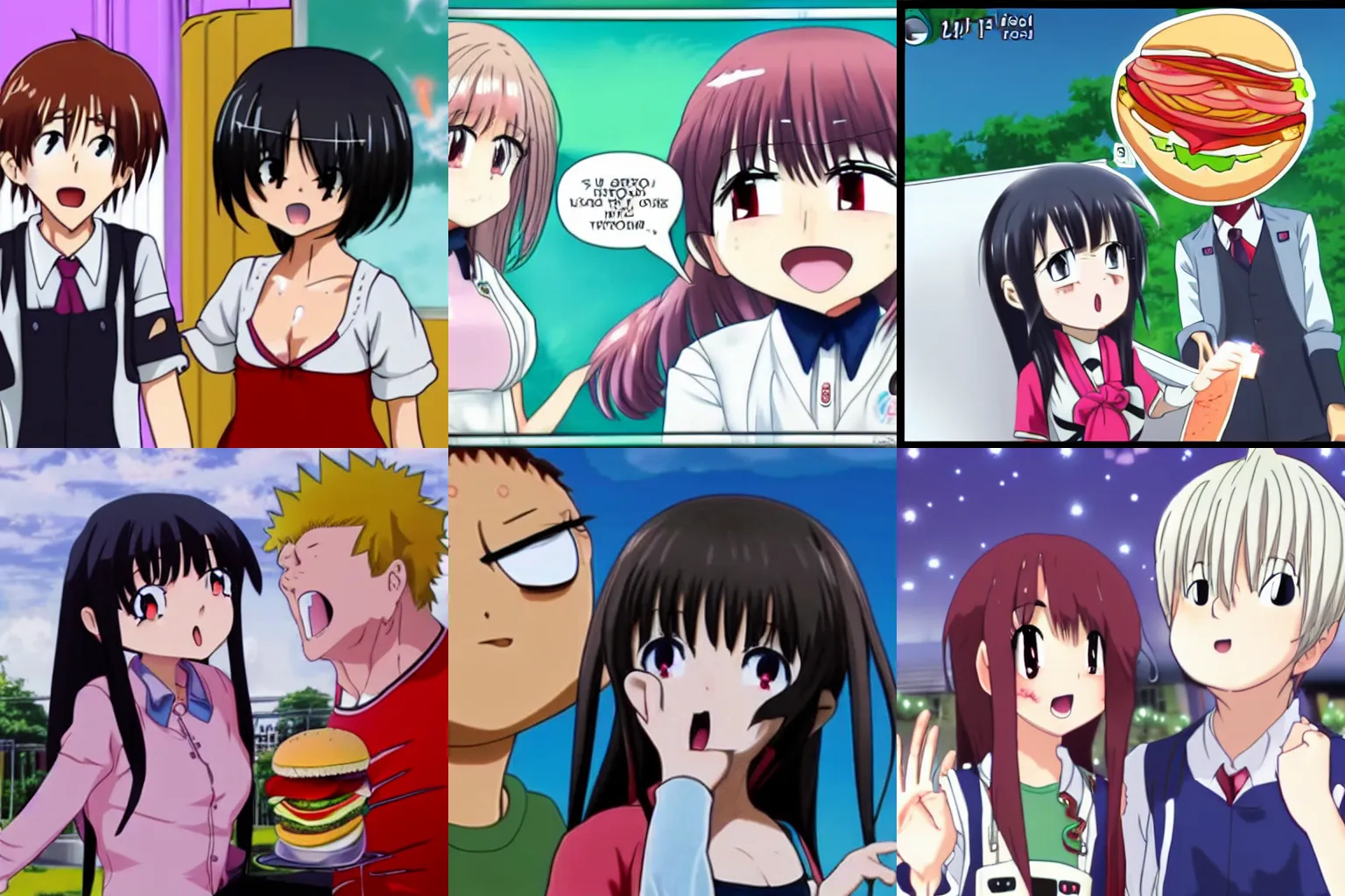 Prompt: anime girl is horrified by burger.