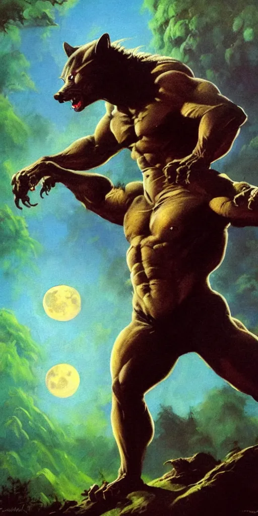 Prompt: by frazetta , close up of realistic werewolf , full body backlight ,top light ,full body portrait ,highly textured oil painting ,jungle ,cyan graveyard with backlight from the moon ,foggy background ,with dramatic sky ,clouds and giant oversized moon and storm