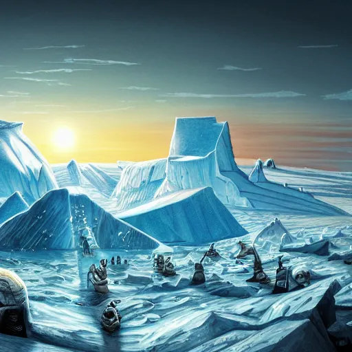 Prompt: epic masterpiece of chromium revelations in Antarctica begetting death, cinematic, establishing shot, extremely high detail, photorealistic, cinematic lighting, intricate line drawings, 8k resolution