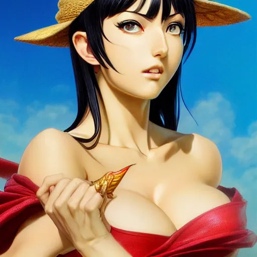 Prompt: highly detailed vfx portrait of nico robin by eiichiro oda!, yusuke murata, greg rutkowski, makoto shinkai, tom bagshaw, alphonse mucha, sharp focus, art by artgerm and stanley kubrick, backlit, harsh overhead sunlight,