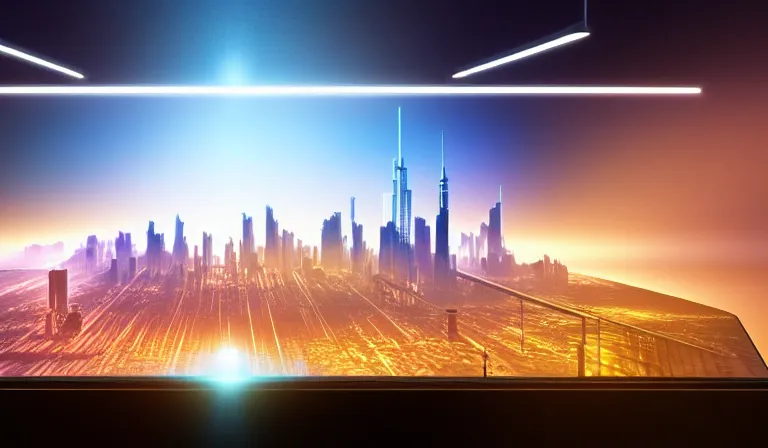 Image similar to crowd of people in blank walled warehouse, looking at hologram of futuristic city on a table, cinematic concept art, godrays, golden hour, natural sunlight, 4 k, clear details, tabletop model buildings, center model buildings, hologram center, crane shot, crane shot, crane shot