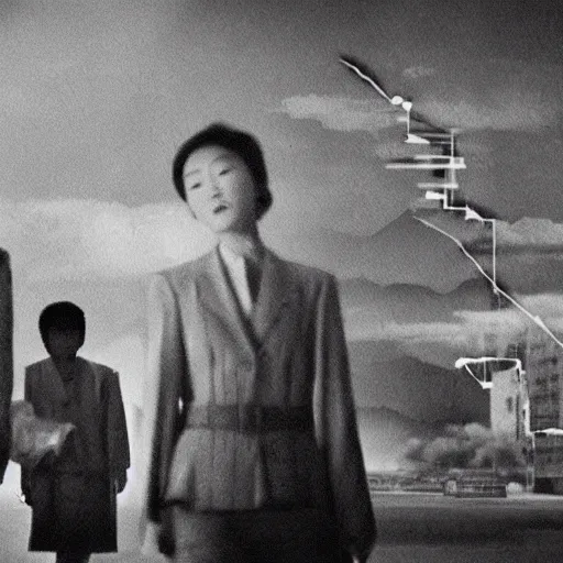 Prompt: a film still of a north korean film noir, video compression, ripple effect