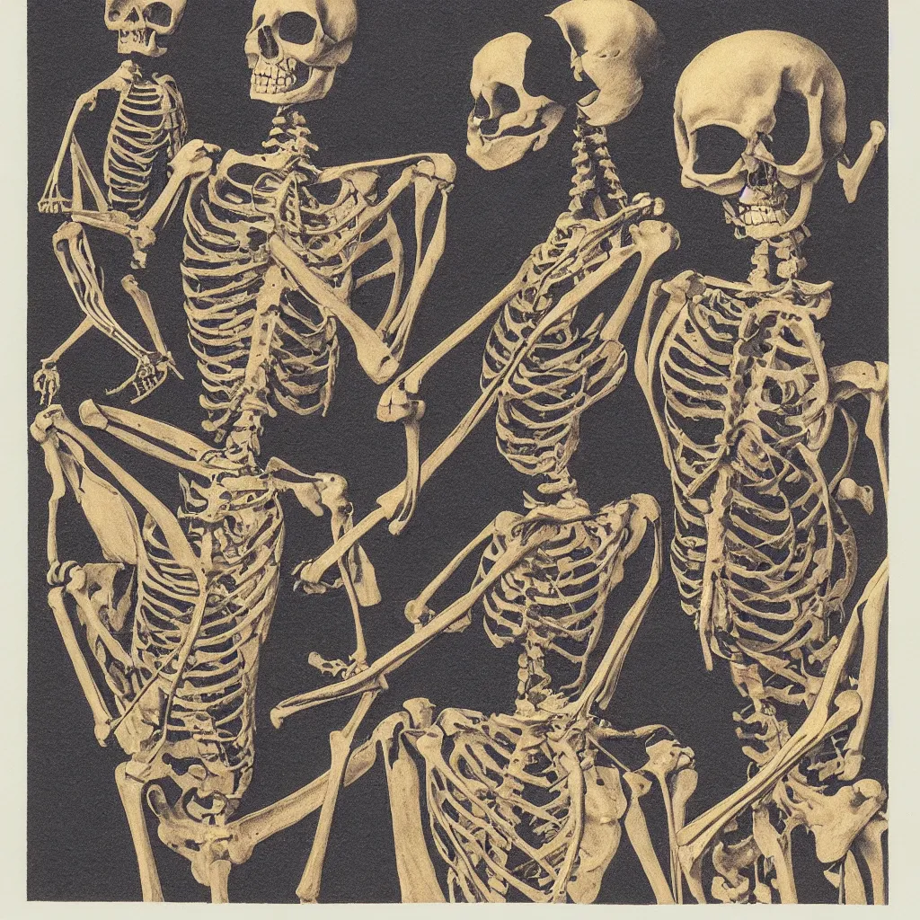 Image similar to vintage risograph of realistic skeleton