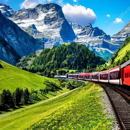 Image similar to a beautiful scenery in switzerland with a lot of trains