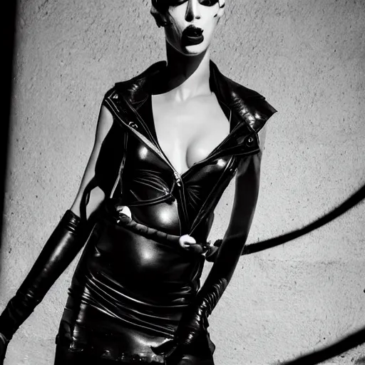 Image similar to fashion photography of an extraterrestrial model, holding a leather whip, wearing demobaza fashion, inside berghain, berlin fashion, harness, futuristic fashion, dark minimal outfit, photo 3 5 mm leica, hyperdetail, berghain, 8 k, very detailed, photo by nick knight