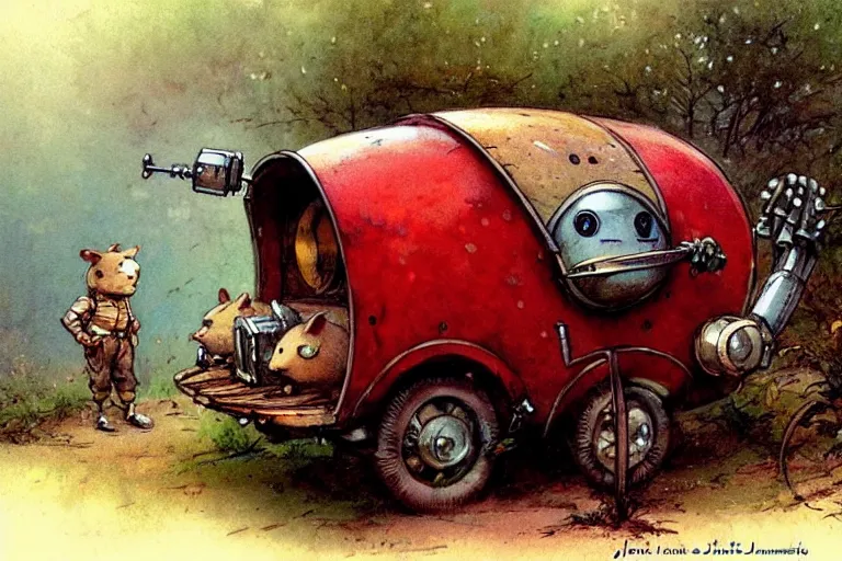 Image similar to adventurer ( ( ( ( ( 1 9 5 0 s retro future robot android fat rat house wagon woods scene. muted colors. ) ) ) ) ) by jean baptiste monge!!!!!!!!!!!!!!!!!!!!!!!!! chrome red