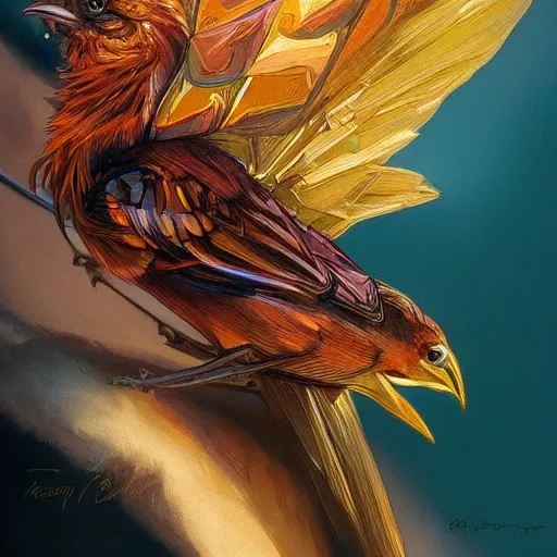 Image similar to close up of colorful bird, golden crown, dark, rusty, highly detailed, digital painting, artstation, concept art, smooth, sharp focus, illustration, art by artgerm and greg rutkowski and alphonse mucha