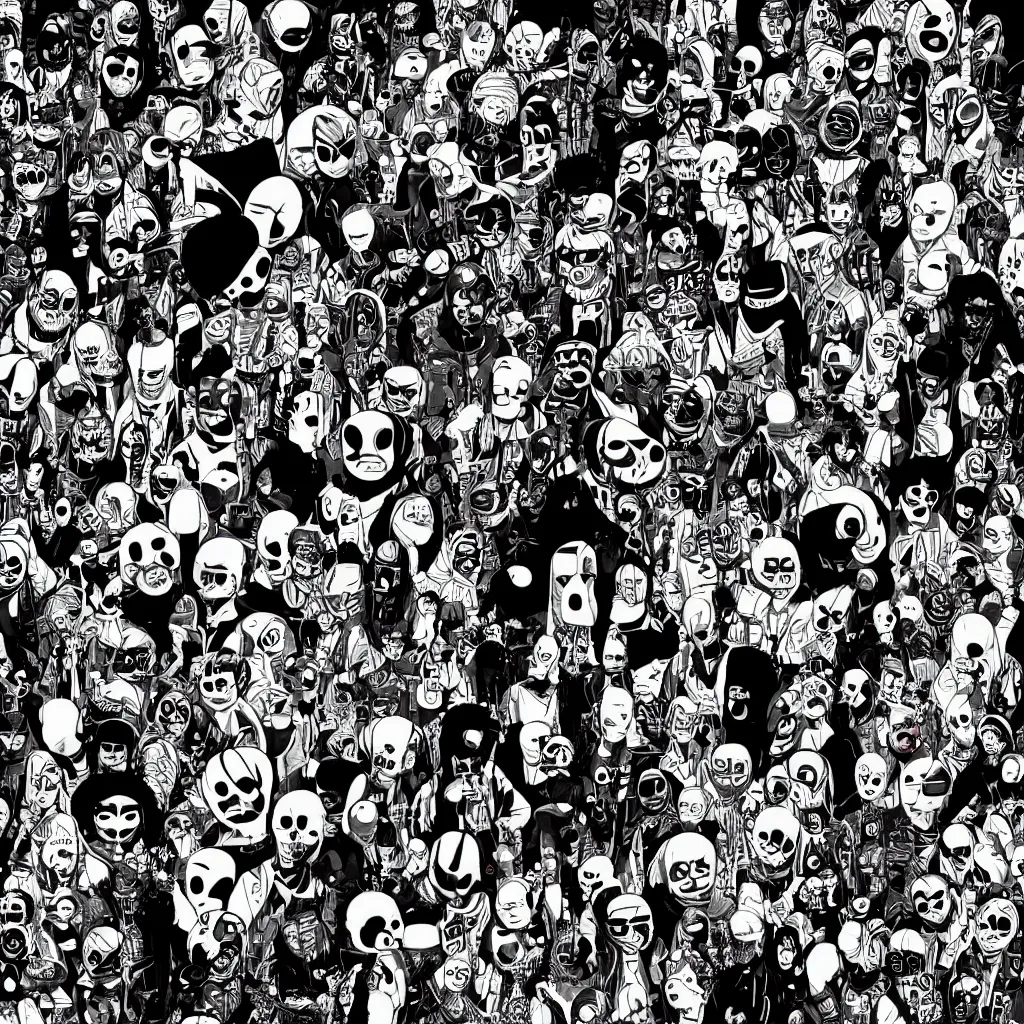 Image similar to faceless human figures, kazuo umezu artwork, jet set radio artwork, stripes, tense, space, cel - shaded art style, burqa, ominous, minimal, cybernetic, cowl, dots, stipples, lines, hashing, thumbprint, dark, eerie, motherboards, crosswalks, guts, folds, tearing