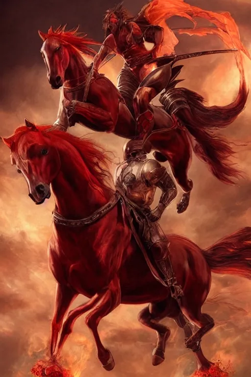 Image similar to the first singular horseman of the apocalypse riding a red stallion, horse is up on it's hindlegs, the rider looks carries a large sword, flames, artwork by artgerm and rutkowski, breathtaking, dramatic