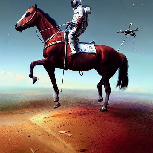 Image similar to a horse on top a man, a horse carried by a astronaut, hyperrealism, no blur, 4 k resolution, ultra detailed, style of ron cobb, adolf hiremy - hirschl, syd mead, ismail inceoglu, rene margitte