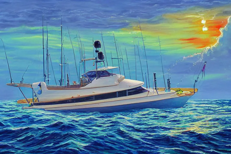 realistic Offshore Sport fishing boat double and triple decker wild paint  job on boats gulf Sunset rough seas colorful people on board boat